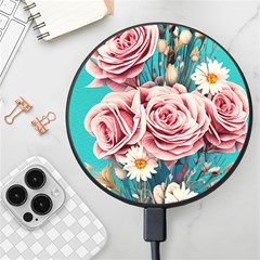 Coral Blush Rose On Teal Wireless Fast Charger(black)