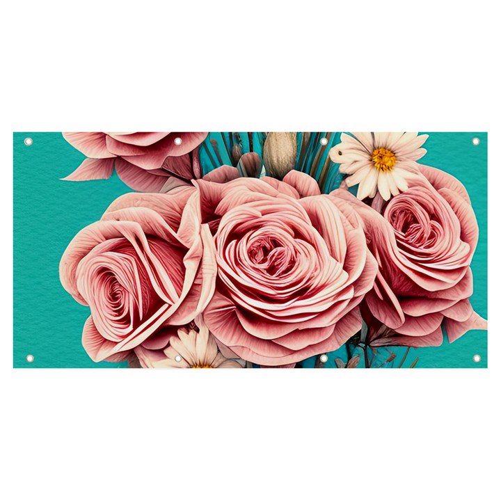 Coral Blush Rose on Teal Banner and Sign 8  x 4 