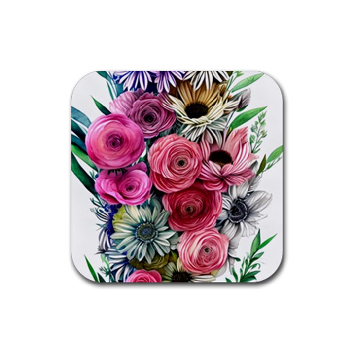 Charming Watercolor Flowers Rubber Coaster (Square)