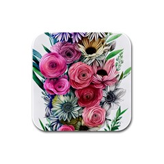 Charming Watercolor Flowers Rubber Square Coaster (4 Pack) by GardenOfOphir