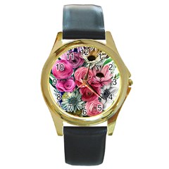 Charming Watercolor Flowers Round Gold Metal Watch by GardenOfOphir