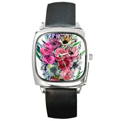 Charming Watercolor Flowers Square Metal Watch by GardenOfOphir