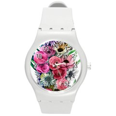 Charming Watercolor Flowers Round Plastic Sport Watch (m) by GardenOfOphir