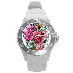 Charming Watercolor Flowers Round Plastic Sport Watch (l) by GardenOfOphir