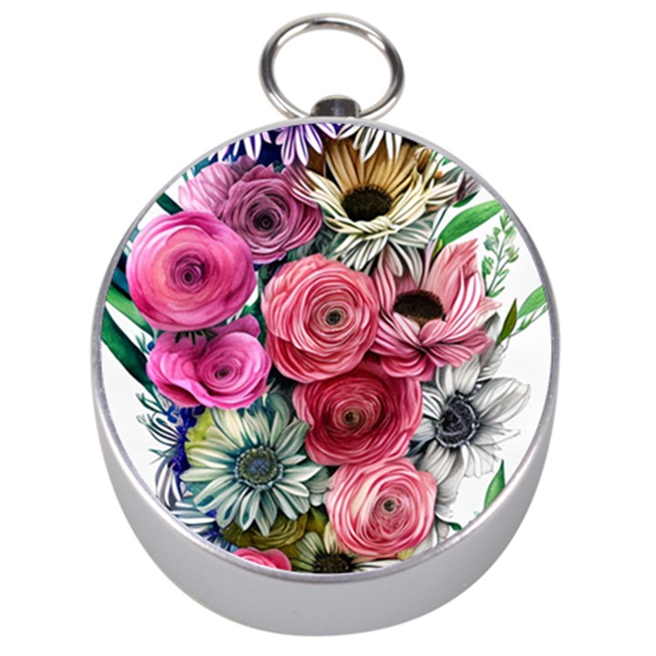 Charming Watercolor Flowers Silver Compasses