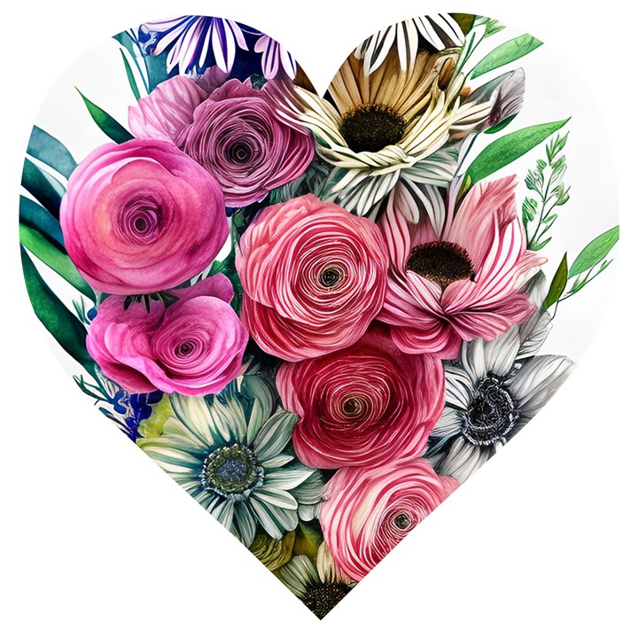 Charming Watercolor Flowers Wooden Puzzle Heart