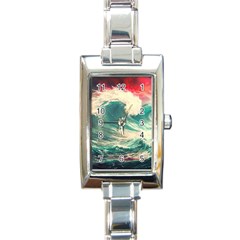 Storm Tsunami Waves Ocean Sea Nautical Nature Painting Rectangle Italian Charm Watch by Ravend