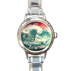 Storm Tsunami Waves Ocean Sea Nautical Nature Painting Round Italian Charm Watch by Ravend