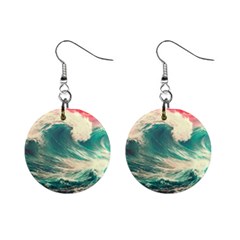 Storm Tsunami Waves Ocean Sea Nautical Nature Painting Mini Button Earrings by Ravend