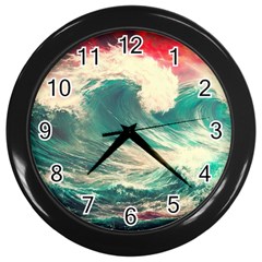 Storm Tsunami Waves Ocean Sea Nautical Nature Painting Wall Clock (black) by Ravend