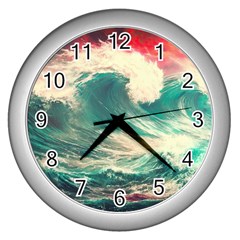 Storm Tsunami Waves Ocean Sea Nautical Nature Painting Wall Clock (silver) by Ravend