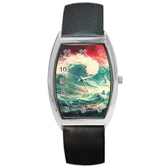 Storm Tsunami Waves Ocean Sea Nautical Nature Painting Barrel Style Metal Watch by Ravend