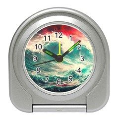 Storm Tsunami Waves Ocean Sea Nautical Nature Painting Travel Alarm Clock by Ravend