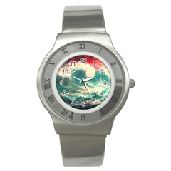 Storm Tsunami Waves Ocean Sea Nautical Nature Painting Stainless Steel Watch by Ravend