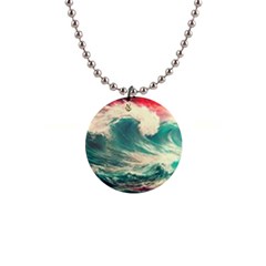 Storm Tsunami Waves Ocean Sea Nautical Nature Painting 1  Button Necklace by Ravend