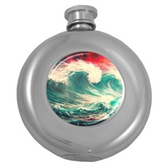 Storm Tsunami Waves Ocean Sea Nautical Nature Painting Round Hip Flask (5 Oz) by Ravend