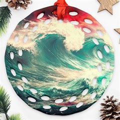 Storm Tsunami Waves Ocean Sea Nautical Nature Painting Ornament (round Filigree) by Ravend