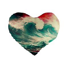 Storm Tsunami Waves Ocean Sea Nautical Nature Painting Standard 16  Premium Flano Heart Shape Cushions by Ravend