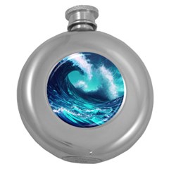 Tsunami Tidal Wave Ocean Waves Sea Nature Water Round Hip Flask (5 Oz) by Ravend