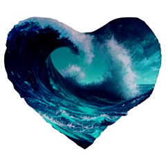 Tsunami Tidal Wave Ocean Waves Sea Nature Water Large 19  Premium Heart Shape Cushions by Ravend