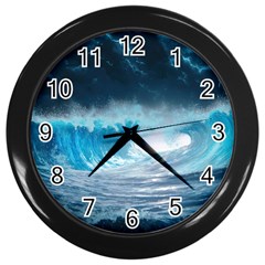 Thunderstorm Storm Tsunami Waves Ocean Sea Wall Clock (black) by Ravend