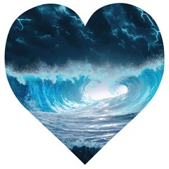 Thunderstorm Storm Tsunami Waves Ocean Sea Wooden Puzzle Heart by Ravend