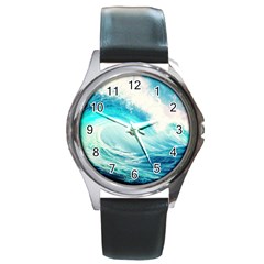 Tsunami Waves Ocean Sea Nautical Nature Water Nature Round Metal Watch by Ravend