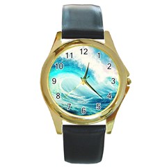 Tsunami Waves Ocean Sea Nautical Nature Water Nature Round Gold Metal Watch by Ravend