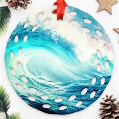 Tsunami Waves Ocean Sea Nautical Nature Water Nature Round Filigree Ornament (two Sides) by Ravend