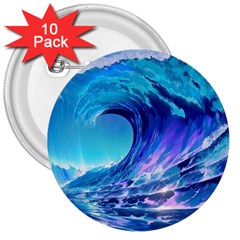 Tsunami Tidal Wave Ocean Waves Sea Nature Water Blue 3  Buttons (10 Pack)  by Ravend