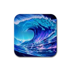 Tsunami Tidal Wave Ocean Waves Sea Nature Water Blue Rubber Coaster (square) by Ravend