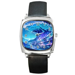 Tsunami Tidal Wave Ocean Waves Sea Nature Water Blue Square Metal Watch by Ravend