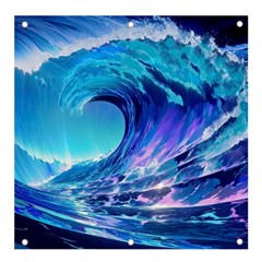 Tsunami Tidal Wave Ocean Waves Sea Nature Water Blue Banner And Sign 4  X 4  by Ravend