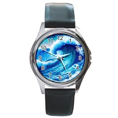 Tsunami Tidal Wave Ocean Waves Sea Nature Water Blue Painting Round Metal Watch by Ravend