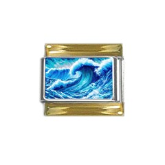 Tsunami Tidal Wave Ocean Waves Sea Nature Water Blue Painting Gold Trim Italian Charm (9mm) by Ravend