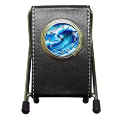 Tsunami Tidal Wave Ocean Waves Sea Nature Water Blue Painting Pen Holder Desk Clock by Ravend