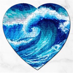 Tsunami Tidal Wave Ocean Waves Sea Nature Water Blue Painting Jigsaw Puzzle (heart) by Ravend