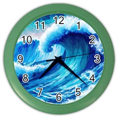 Tsunami Tidal Wave Ocean Waves Sea Nature Water Blue Painting Color Wall Clock by Ravend