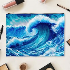 Tsunami Tidal Wave Ocean Waves Sea Nature Water Blue Painting Cosmetic Bag (xl) by Ravend