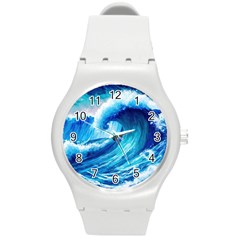 Tsunami Tidal Wave Ocean Waves Sea Nature Water Blue Painting Round Plastic Sport Watch (m) by Ravend