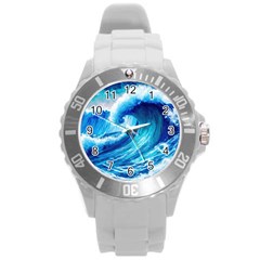 Tsunami Tidal Wave Ocean Waves Sea Nature Water Blue Painting Round Plastic Sport Watch (l) by Ravend