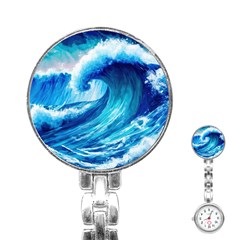 Tsunami Tidal Wave Ocean Waves Sea Nature Water Blue Painting Stainless Steel Nurses Watch by Ravend