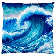 Tsunami Tidal Wave Ocean Waves Sea Nature Water Blue Painting Large Premium Plush Fleece Cushion Case (one Side) by Ravend