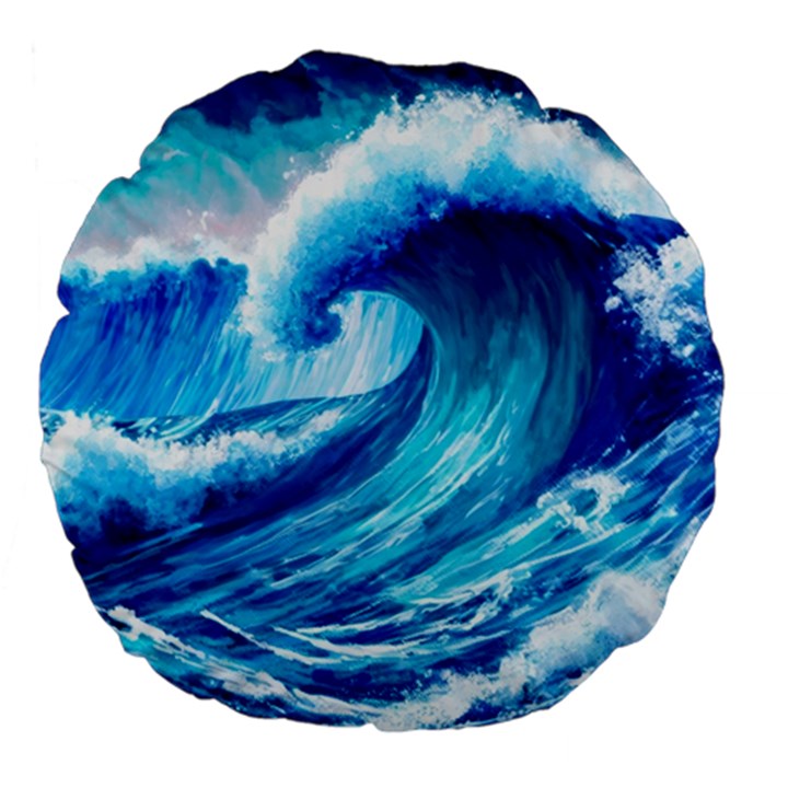 Tsunami Tidal Wave Ocean Waves Sea Nature Water Blue Painting Large 18  Premium Flano Round Cushions