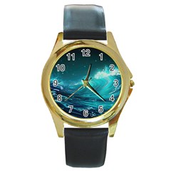 Tsunami Waves Ocean Sea Nautical Nature Water Round Gold Metal Watch by Ravend