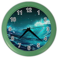 Tsunami Waves Ocean Sea Nautical Nature Water Color Wall Clock by Ravend