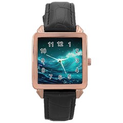 Tsunami Waves Ocean Sea Nautical Nature Water Rose Gold Leather Watch  by Ravend