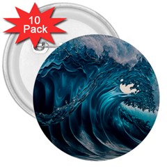 Tsunami Waves Ocean Sea Water Rough Seas 3 3  Buttons (10 Pack)  by Ravend