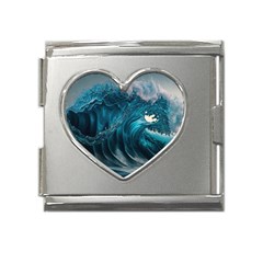 Tsunami Waves Ocean Sea Water Rough Seas 3 Mega Link Heart Italian Charm (18mm) by Ravend