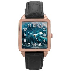 Tsunami Waves Ocean Sea Water Rough Seas 3 Rose Gold Leather Watch  by Ravend